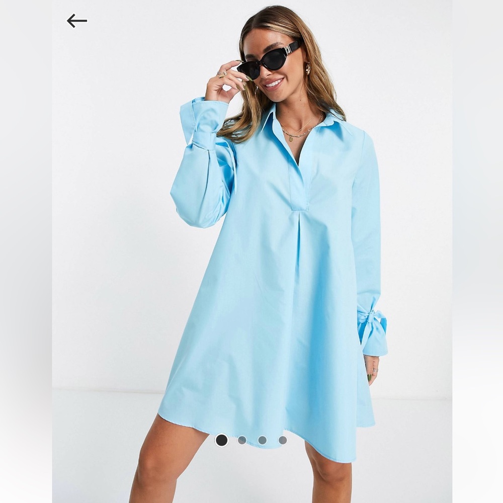 ASOS DESIGN cotton poplin trapeze mini shirt dress in turquoise- size 8